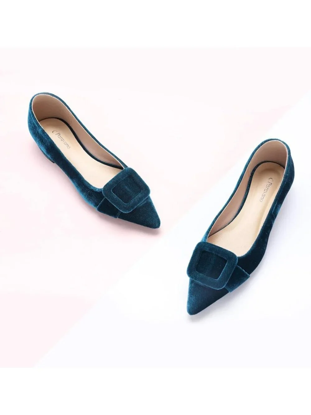 Women's Velvet Peacock Blue Pointed Toe Square Buckle Slip-On Comfortable Shoes